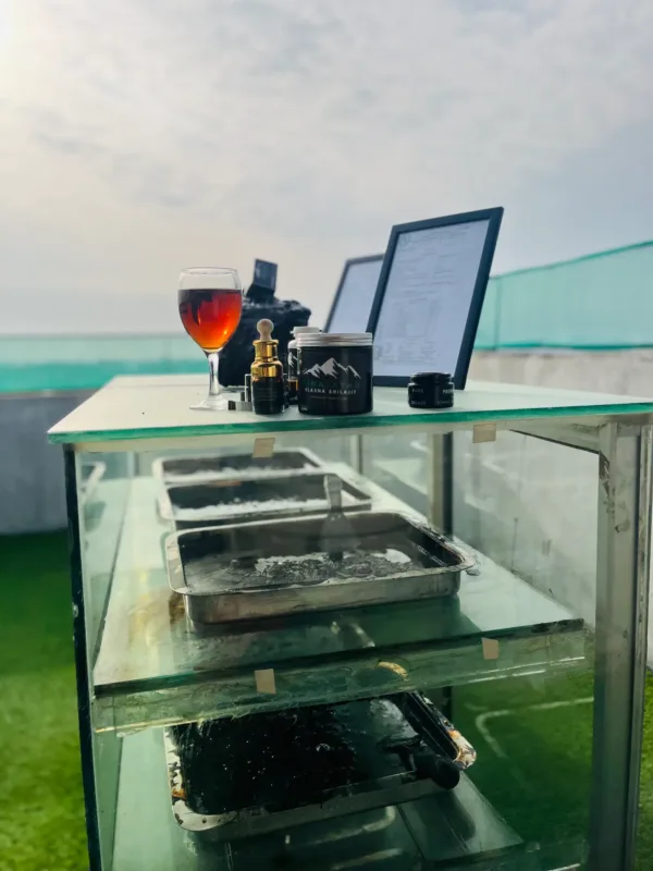 Elasna Himalayan Shilajit purification setup with processing trays showing resin filtration and clean production