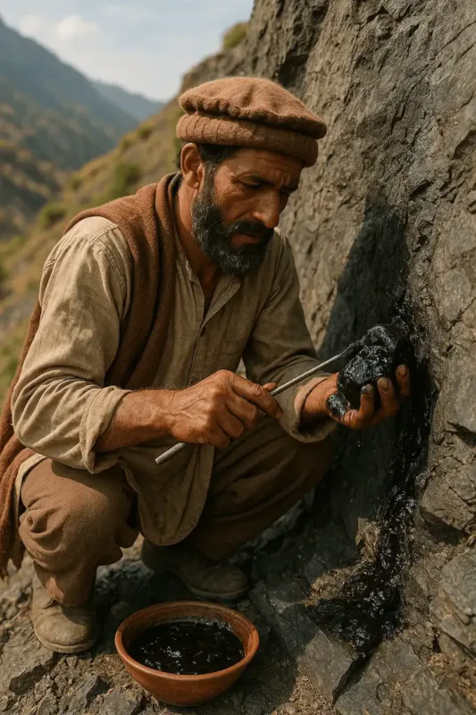 Raw Himalayan Shilajit sourcing in Gilgit Baltistan showing authentic resin extraction for wholesale and export supply