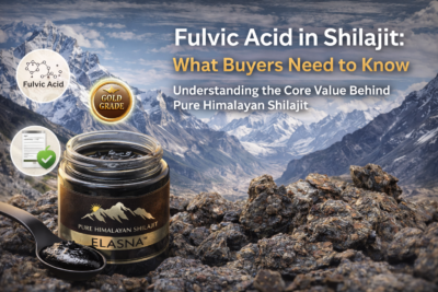Fulvic Acid in Shilajit featured image showing Elasna Himalayan Shilajit resin jar in Gilgit Baltistan mountains