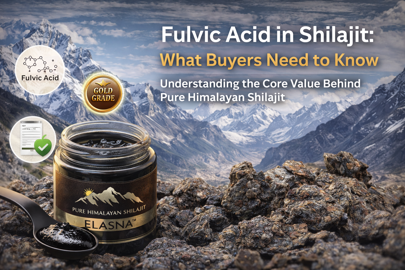Fulvic Acid in Shilajit featured image showing Elasna Himalayan Shilajit resin jar in Gilgit Baltistan mountains