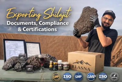 Exporting Pure Himalayan Shilajit by Elasna with certification documents, lab reports, and bulk packaging for global wholesale supply
