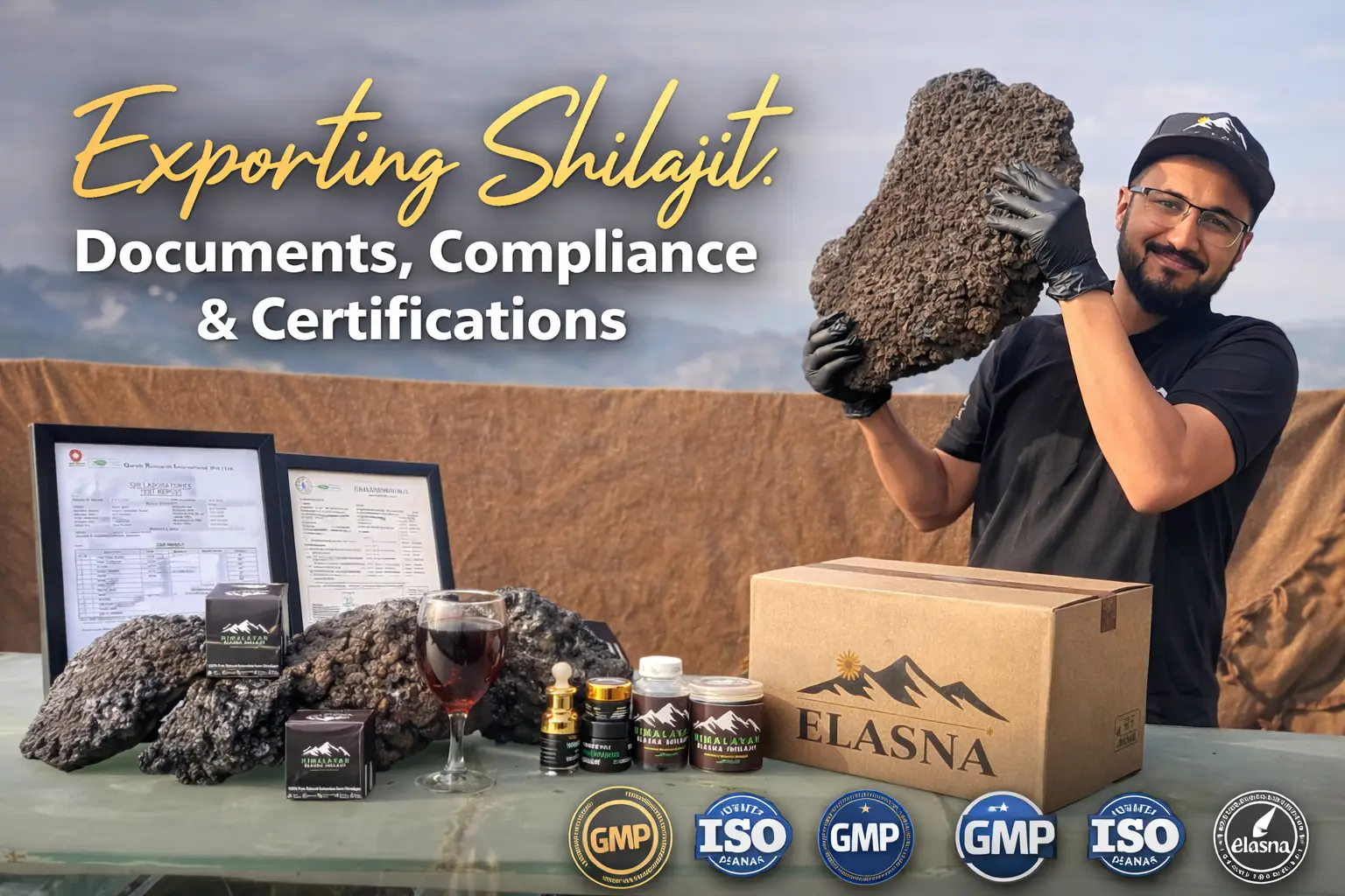 Exporting Pure Himalayan Shilajit by Elasna with certification documents, lab reports, and bulk packaging for global wholesale supply