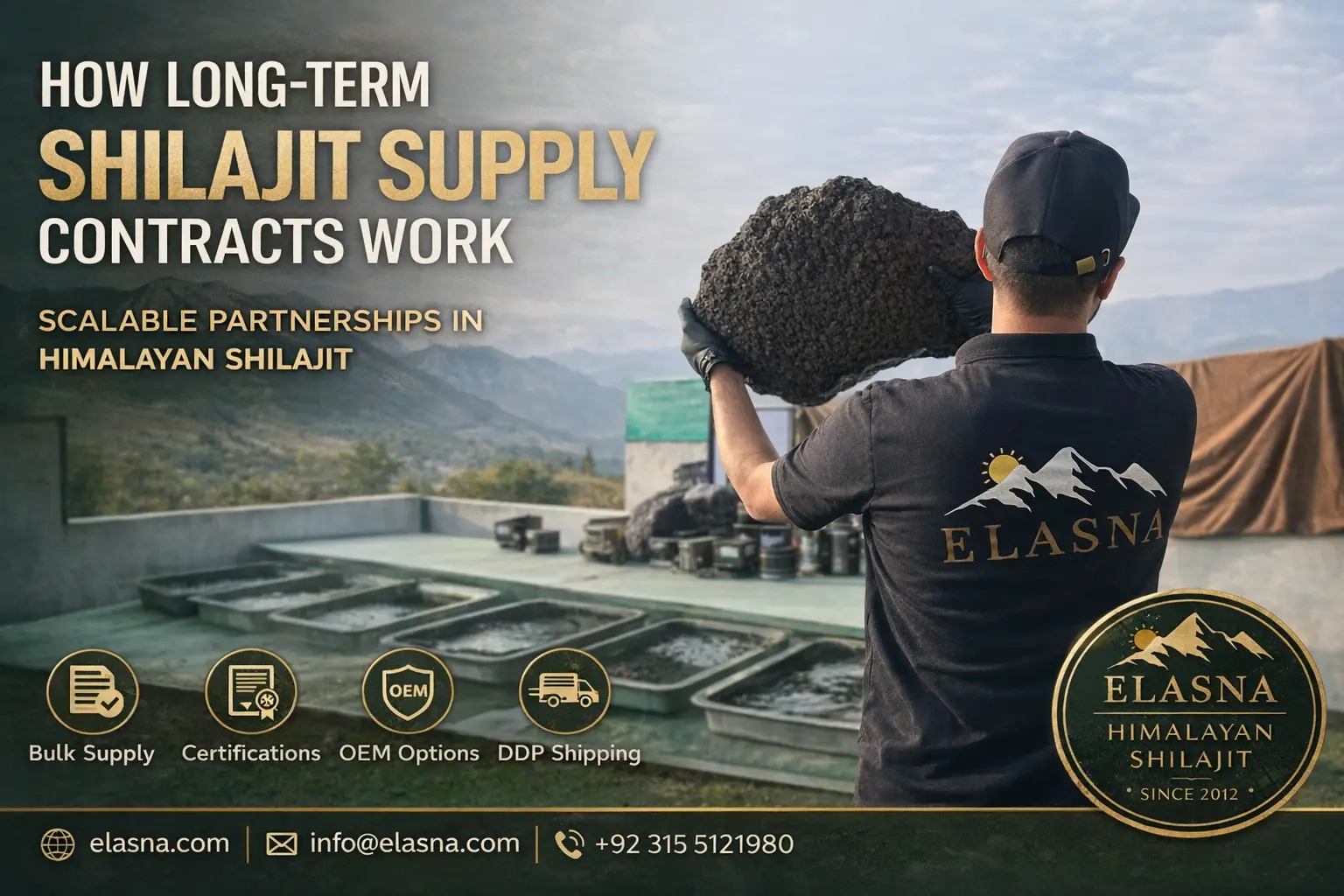 Elasna Himalayan Shilajit worker holding raw Shilajit resin during sun-drying process for long-term wholesale supply contracts from Gilgit-Baltistan