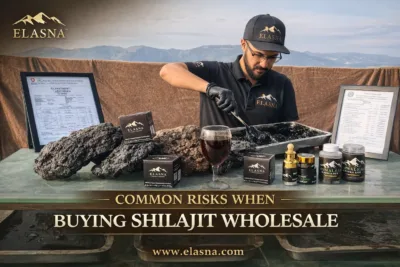 Elasna Himalayan Shilajit wholesale supplier demonstrating pure resin extraction with lab-tested products from Gilgit Baltistan mountains