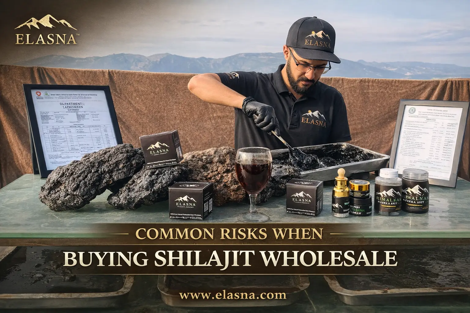 Elasna Himalayan Shilajit wholesale supplier demonstrating pure resin extraction with lab-tested products from Gilgit Baltistan mountains