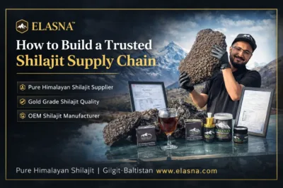 Pure Himalayan Shilajit supply chain process by Elasna, showcasing raw Gilgit-Baltistan Shilajit, lab testing, and premium wholesale products
