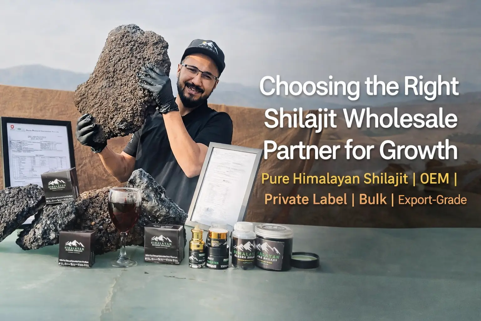 Elasna Himalayan Shilajit wholesale supplier showcasing pure Himalayan Shilajit resin, bulk sourcing, OEM private label products from Gilgit Baltistan